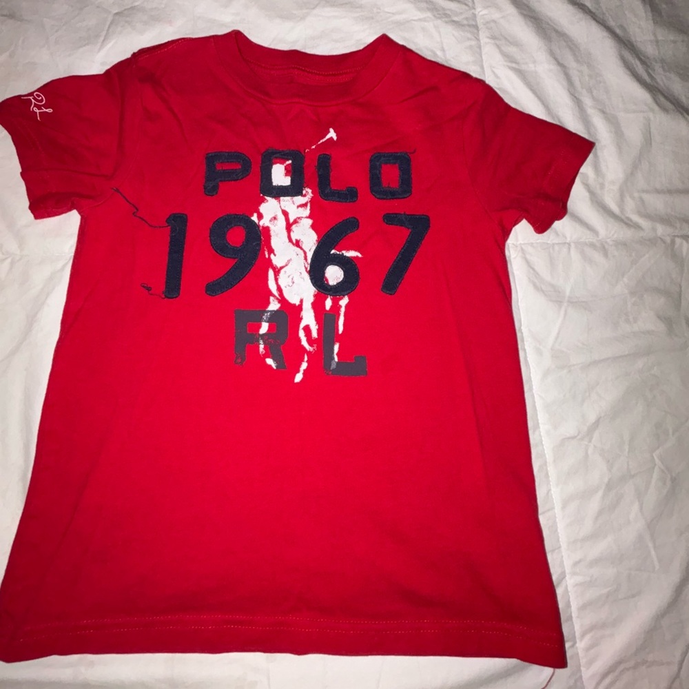 Gently used boys Polo by Ralph Lauren T-shirt. Red with navy blue size 6.